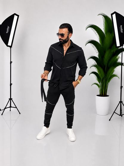 SET BĂRBĂTESC NEGRU CU DETALII CU FERMOAR – ELEGANT ȘI MODERN | 90% BUMBAC