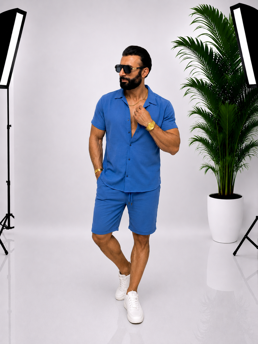 💙 Set bărbătesc din bumbac – Cămașă cu mânecă scurtă & Pantaloni