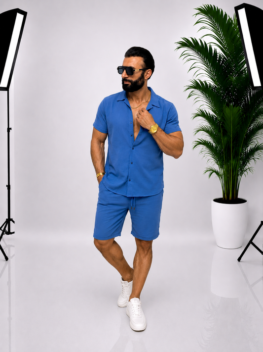 💙 Set bărbătesc din bumbac – Cămașă cu mânecă scurtă & Pantaloni