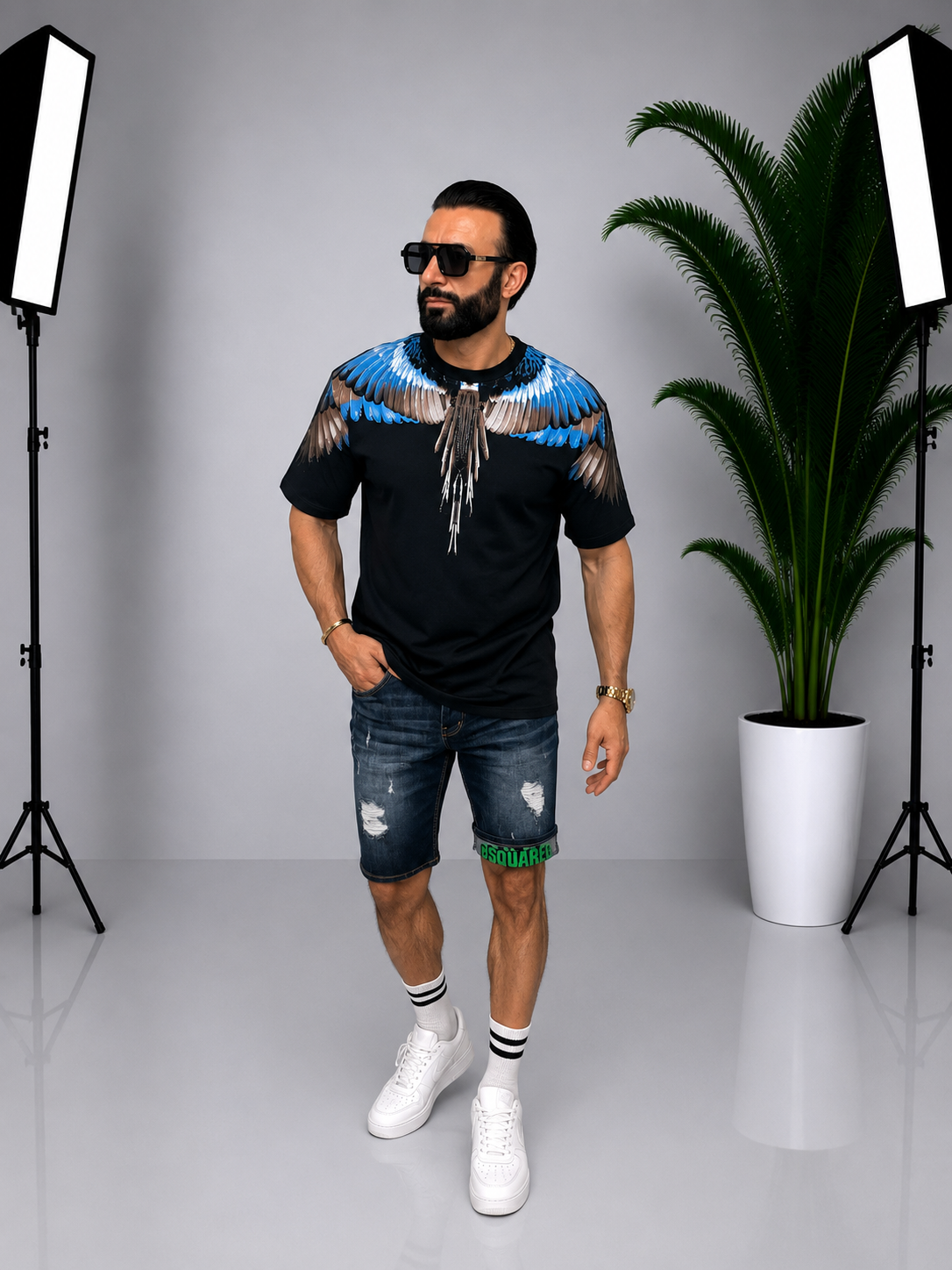 Tricou bărbătesc cu imprimeu grafic față-spate – Aripi de papagal tropical
