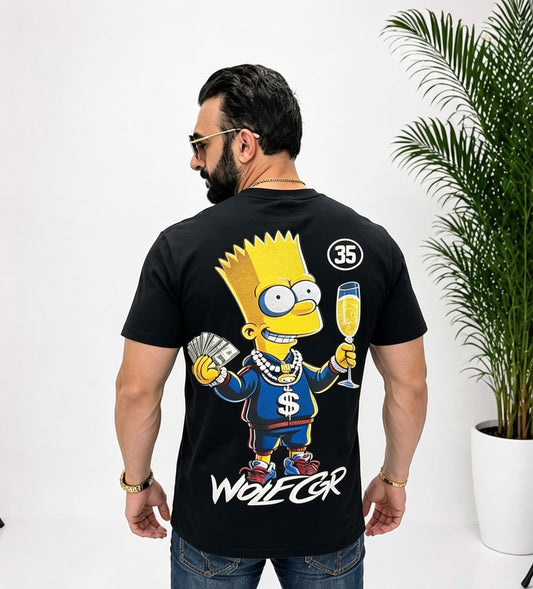 Tricou bărbătesc negru Simpsons cu imprimeu frontal și spate, 95% bumbac 5% lycra, stil streetwear premium