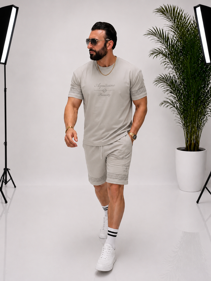 Set bărbătesc din 95% bumbac și 5% lycra, cu imprimeu în față și pe spate