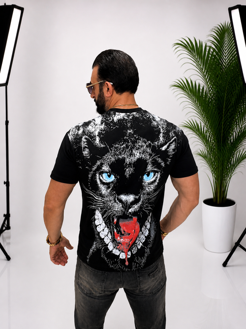 Tricou unisex oversize din 100% bumbac, cu imprimeu panteră neagră pe față și spate