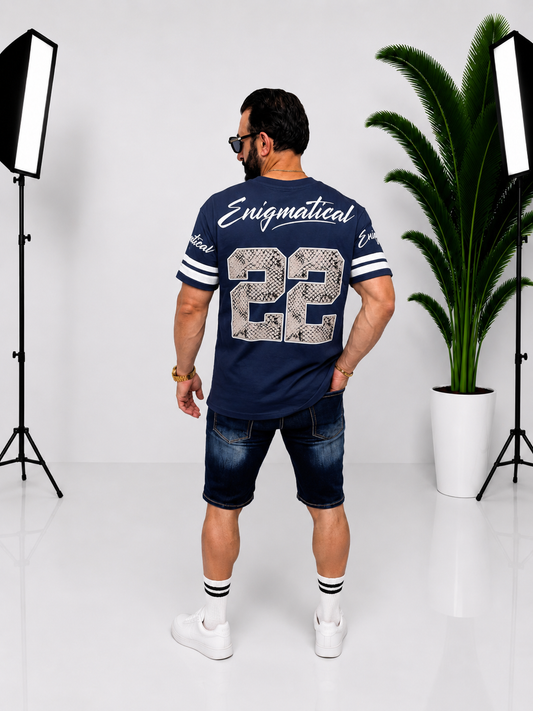 Tricou bărbătesc oversize bleumarin cu imprimeu „Enigmatical 22” – Stil casual urban