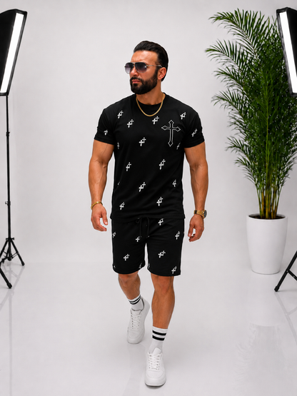 Set bărbătesc din 100% bumbac, tricou cuCRUCE  imprimeu frontal și pantaloni scurți