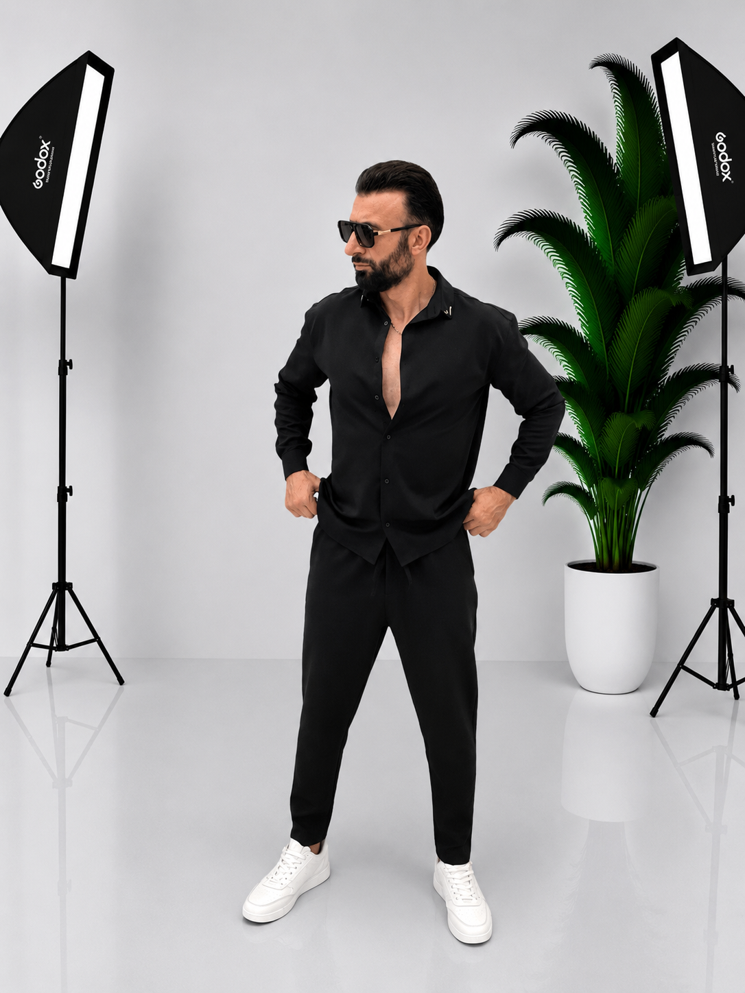 🖤 SET BĂRBĂTESC CU CĂMAȘĂ CU FERMOAR ȘI PANTALONI – SIMBOL „V” | STIL MODERN