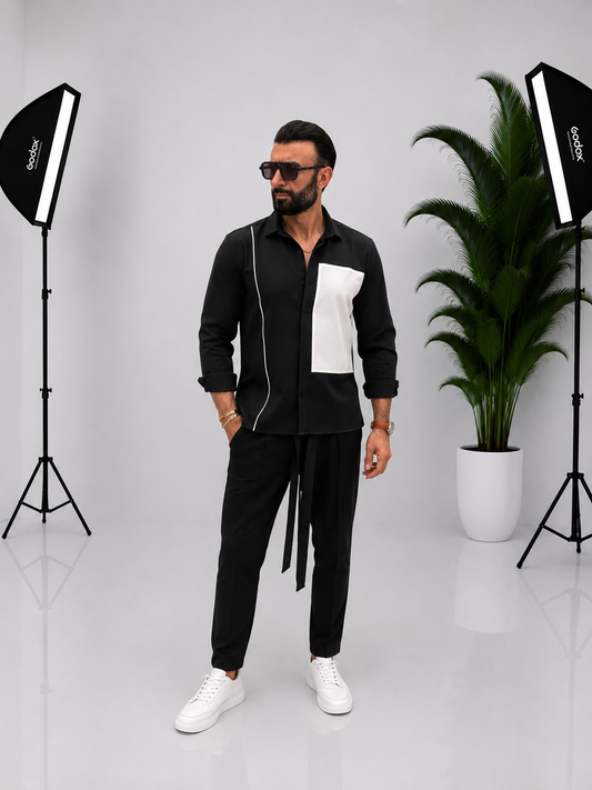 Set bărbătesc negru din bumbac 100% cu detalii contrastante – Elegant și modern