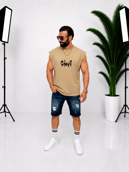 Maieu bărbătesc oversize fără mâneci bej cu imprimeu grafic pe spate – Stil casual și streetwear