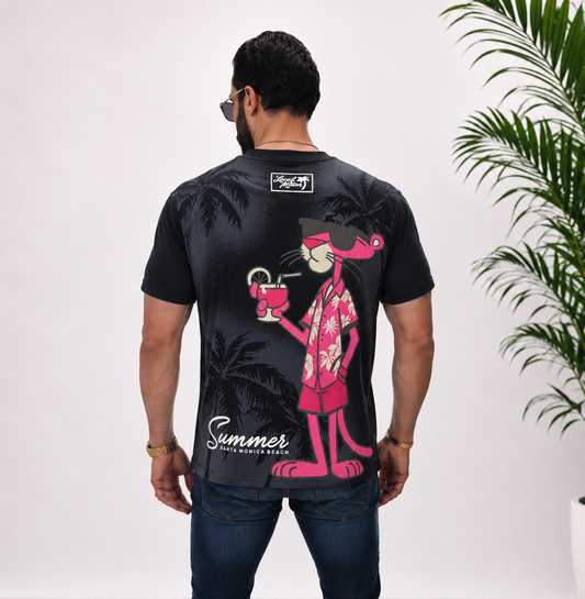 Tricou bărbătesc negru PINK PANTER cu imprimeu frontal și spate, 95% bumbac 5% lycra, stil streetwear premium
