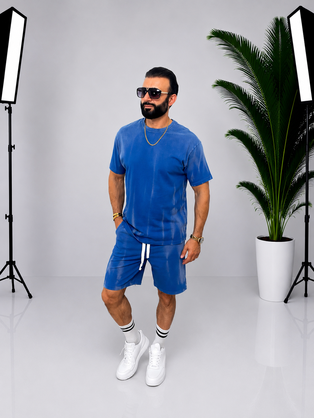 Set Bărbați Albastru Washed – Tricou și Pantaloni Scurți Casual