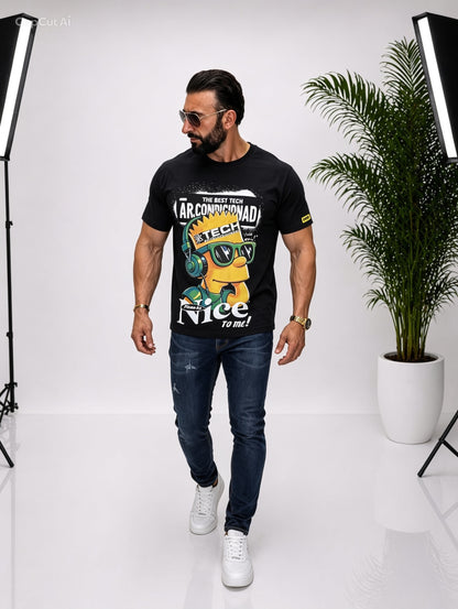 Tricou bărbătesc negru cu imprimeu frontal și imprimeu spate, 95% bumbac 5% lycra, design urban casual premium  Descriere detalia