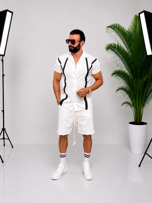 Set bărbătesc casual cu cămașă și pantaloni scurți Alb – Design modern cu detalii contrastante
