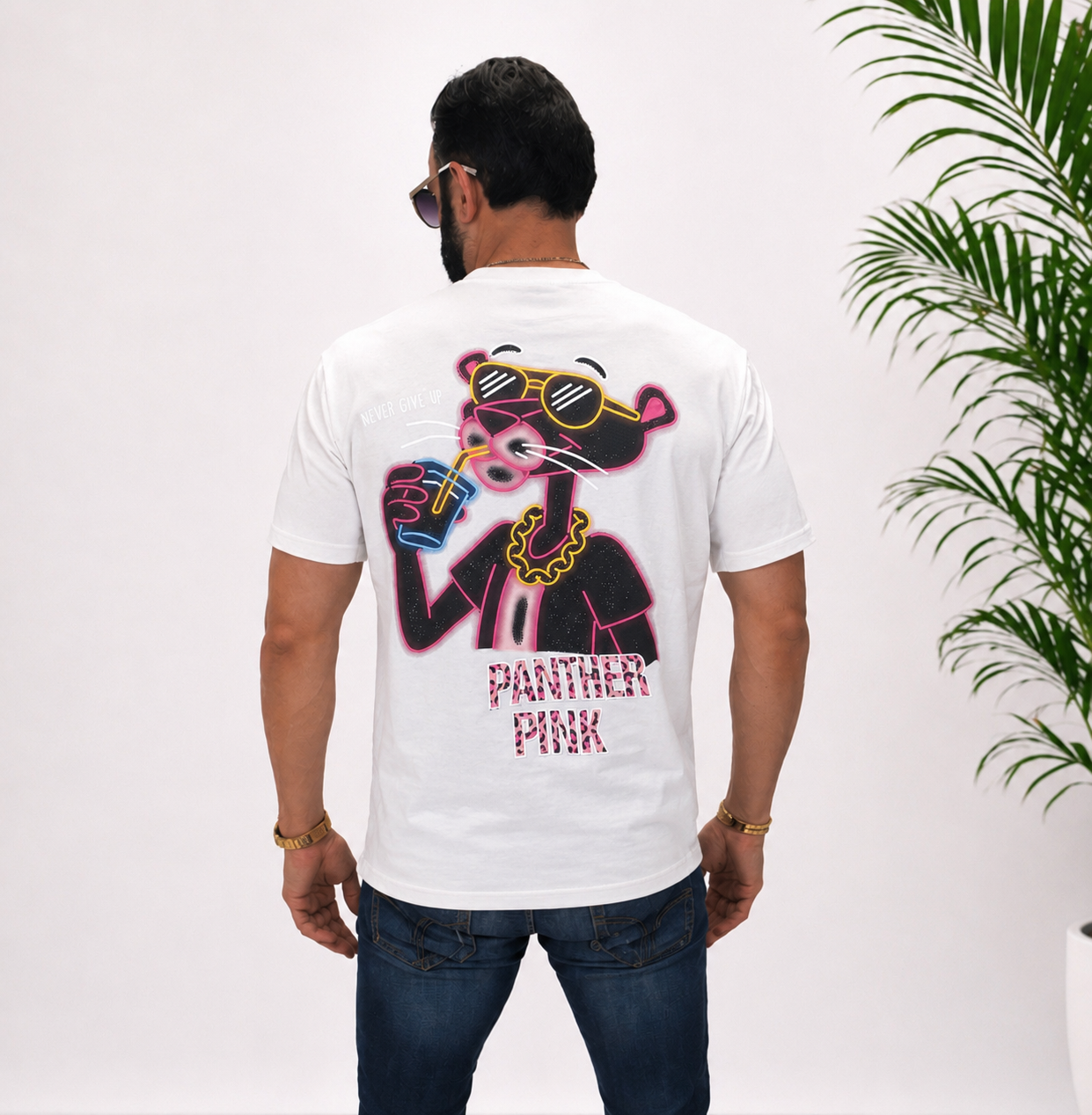 Tricou bărbătesc alb Pink Panther cu imprimeu frontal și spate, 95% bumbac 5% lycra, stil streetwear premium
