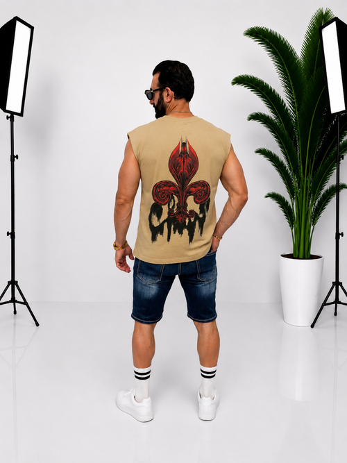 Maieu bărbătesc oversize fără mâneci bej cu imprimeu grafic pe spate – Stil casual și streetwear