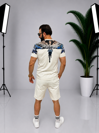 Set bărbătesc Bej descjis – Tricou și pantaloni scurți cu imprimeu grafic față-spate