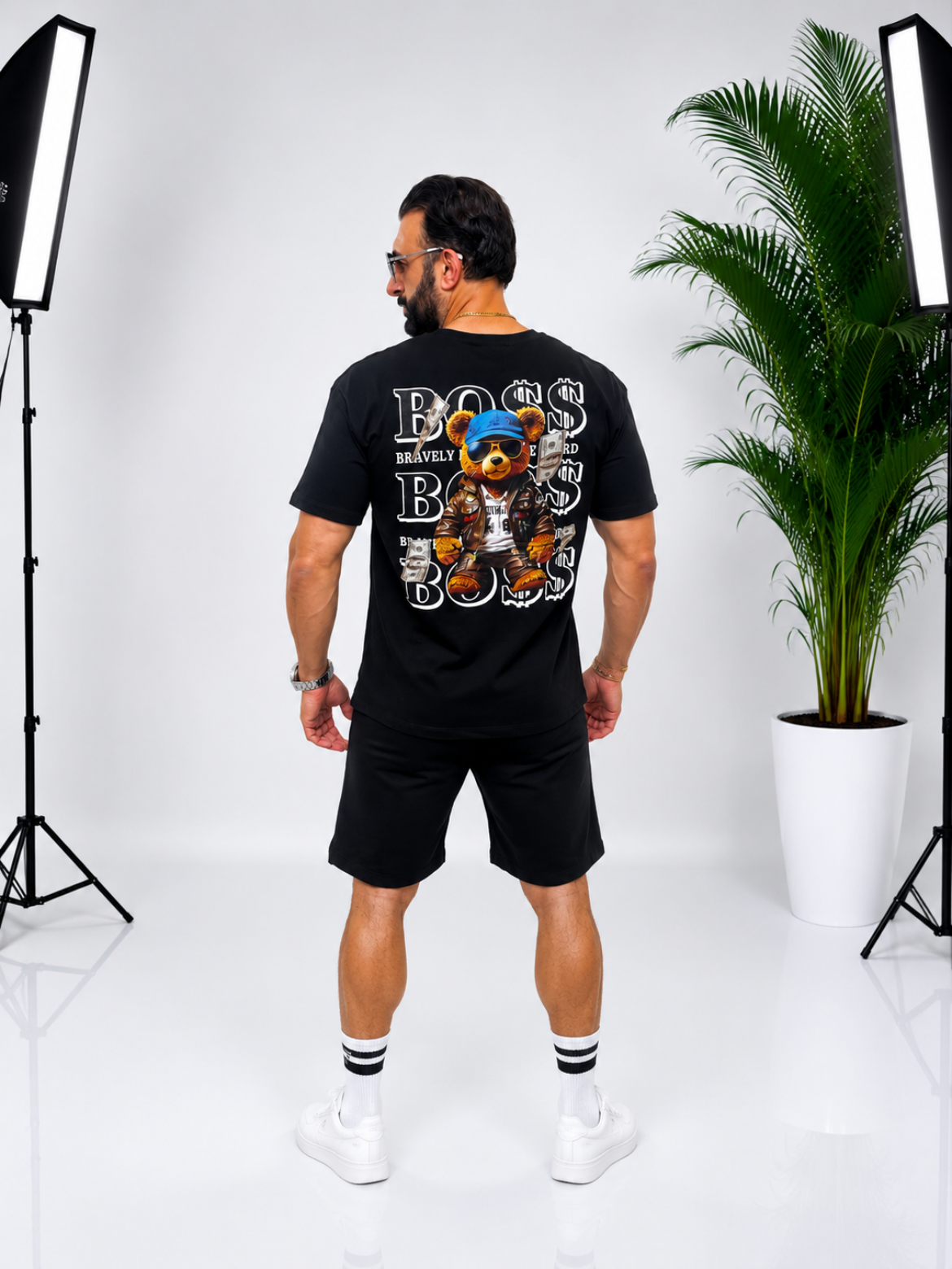 Set bărbătesc negru cu imprimeu Boss Bear – Tricou și pantaloni scurți în stil urban